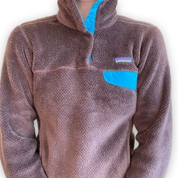 Patagonia Womens Brown Fleece Blue Trim Snap Pullover Sweatshirt Sz XS - Picture 6 of 8